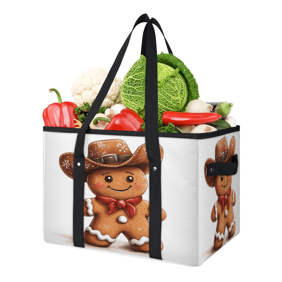 ADECORIVY Christmas Gingerbread Reusable Grocery Bags, Foldable Reusable Shopping Bags, Cowboy Hat Collapsible Tote Bag with Reinforced Handles for Kitchen, Picnic