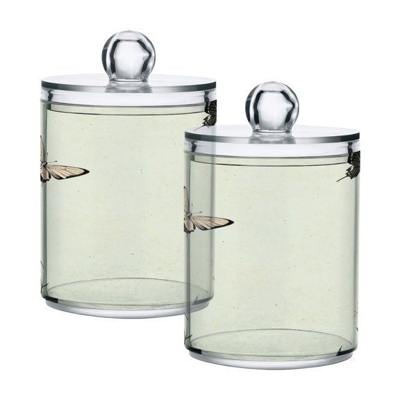 WOBOGO Butterfly Print with Pastel Flowers Transparent Plastic Jar 2pcs Cotton Swabs Balls Pads Floss Stick Dispenser Bathroom Vanity Storage Organizer