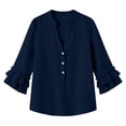 thumbnail image 4 of ClodeEU Women's V Neck 3/4 Sleeve Linen Blend Henley Button Blouse with Ruffle Cuffs ,Casual Loose Fit Vintage Top Black,Women's Plus L, 4 of 8