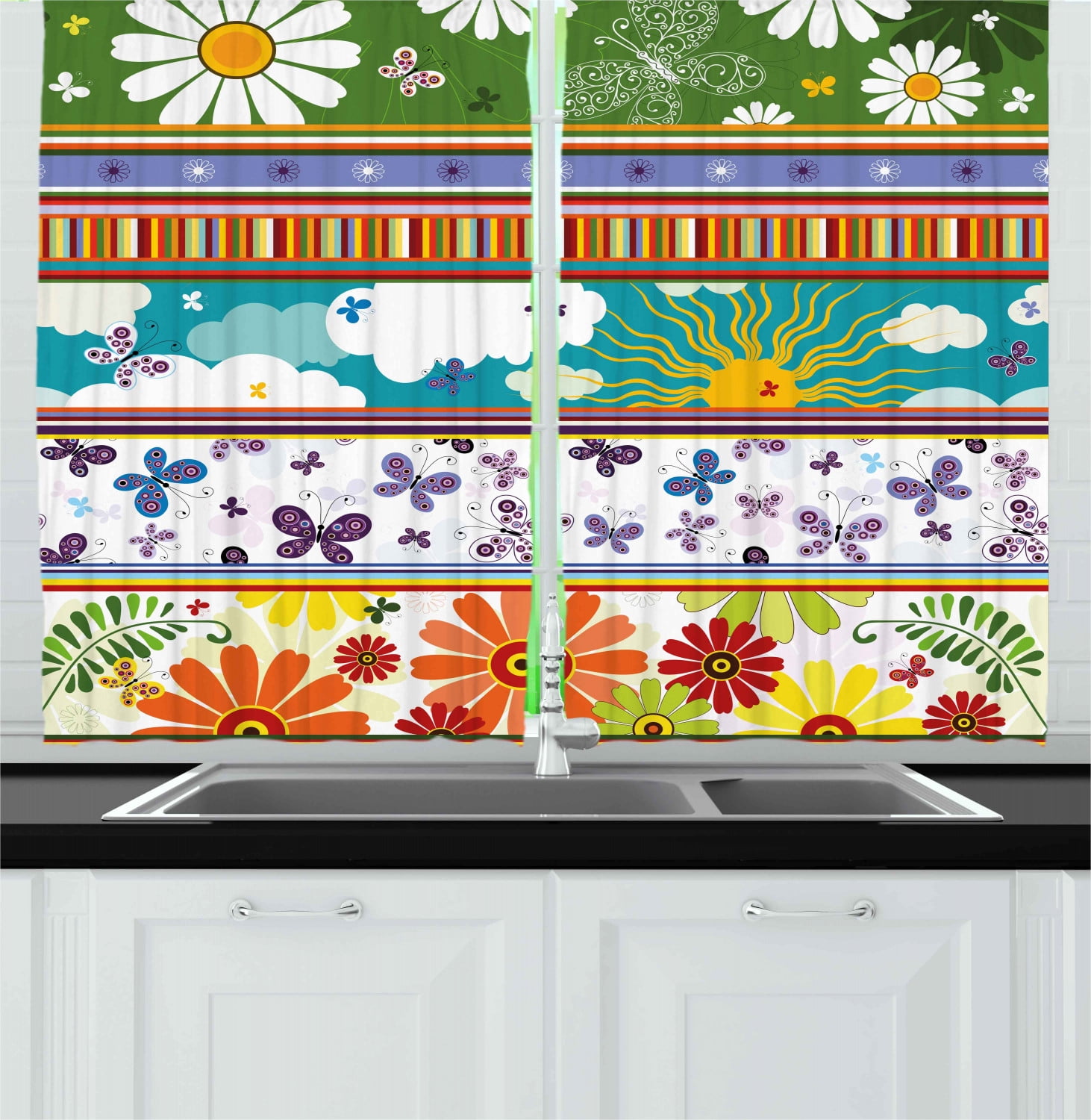Summer Curtains 2 Panels Set Colorful Striped Daisy Flowers