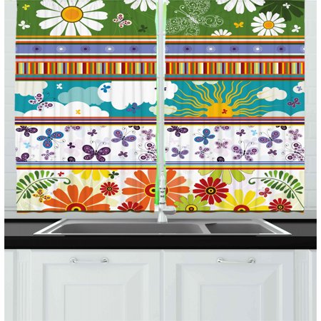 Summer Curtains 2 Panels Set Colorful Striped Daisy Flowers