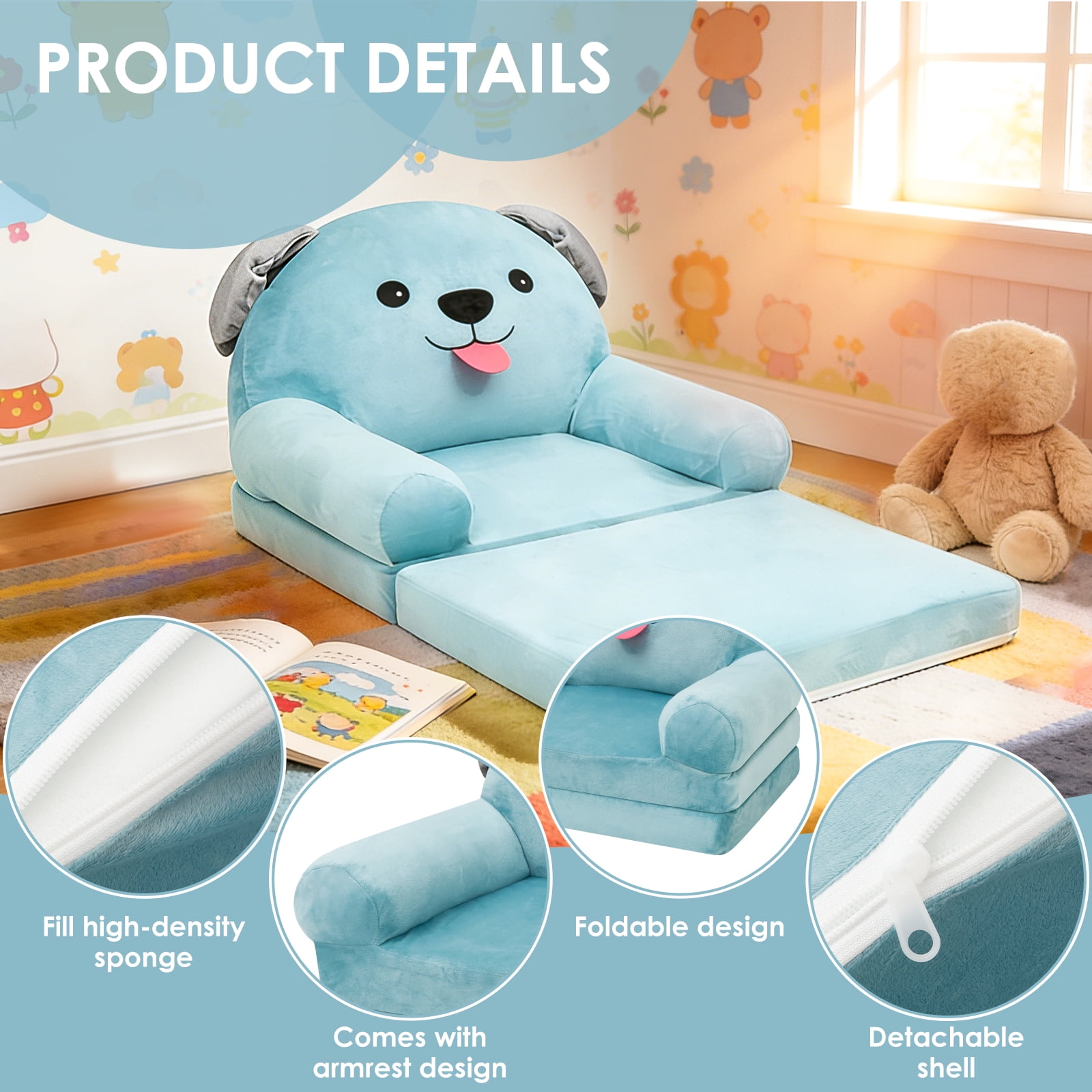 Dznils Toddler Sofa Chair, 2-in-1 Soft Foam Flip Open Kids Couch Lounger Comfy, Ages 1+, Blue Dog