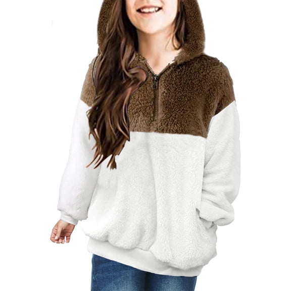EnJoCho Girls Fuzzy Fleec𝖾 Pullover Hoodie Sher𝗉a Zip Up Sweatshirt Fluf𝖿y Coat Pockets 6-15 Years Winter Warm Outerwear Casual Loung𝖾wear Fall Clothing Apparel