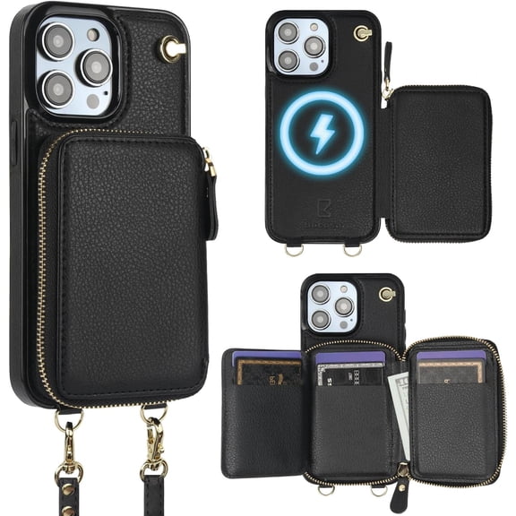 for MagSafe Crossbody Wallet Case Compatible with iPhone 14 Pro Max, RFID Blocking Protective Purse Case with Card Slots Holder Kickstand Wrist Strap Lanyard Zipper 6.7 Inch 5G (Black)