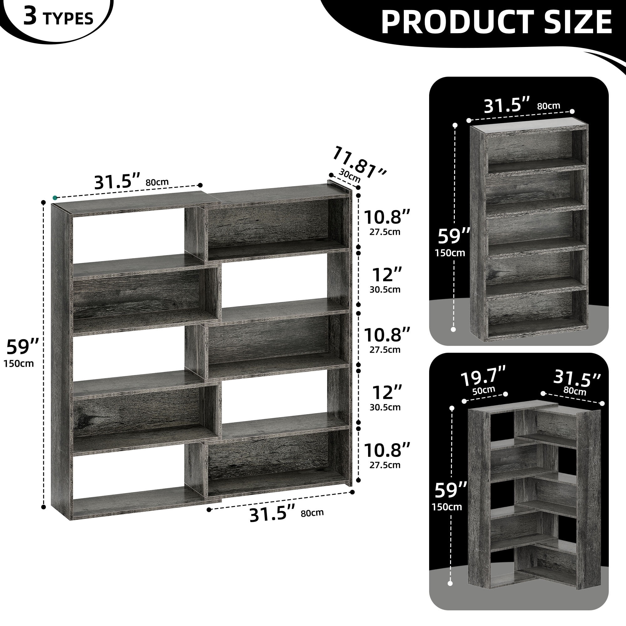 Dextrus 5 Tiers Bookcase with Baffles, Industrial Large Etagere Corner Bookshelf, Display Rack, Gray