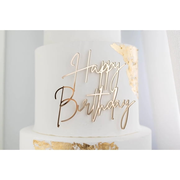 Cake topper QPARTYFIRE de acrílico espejo dorado Happy Birthday