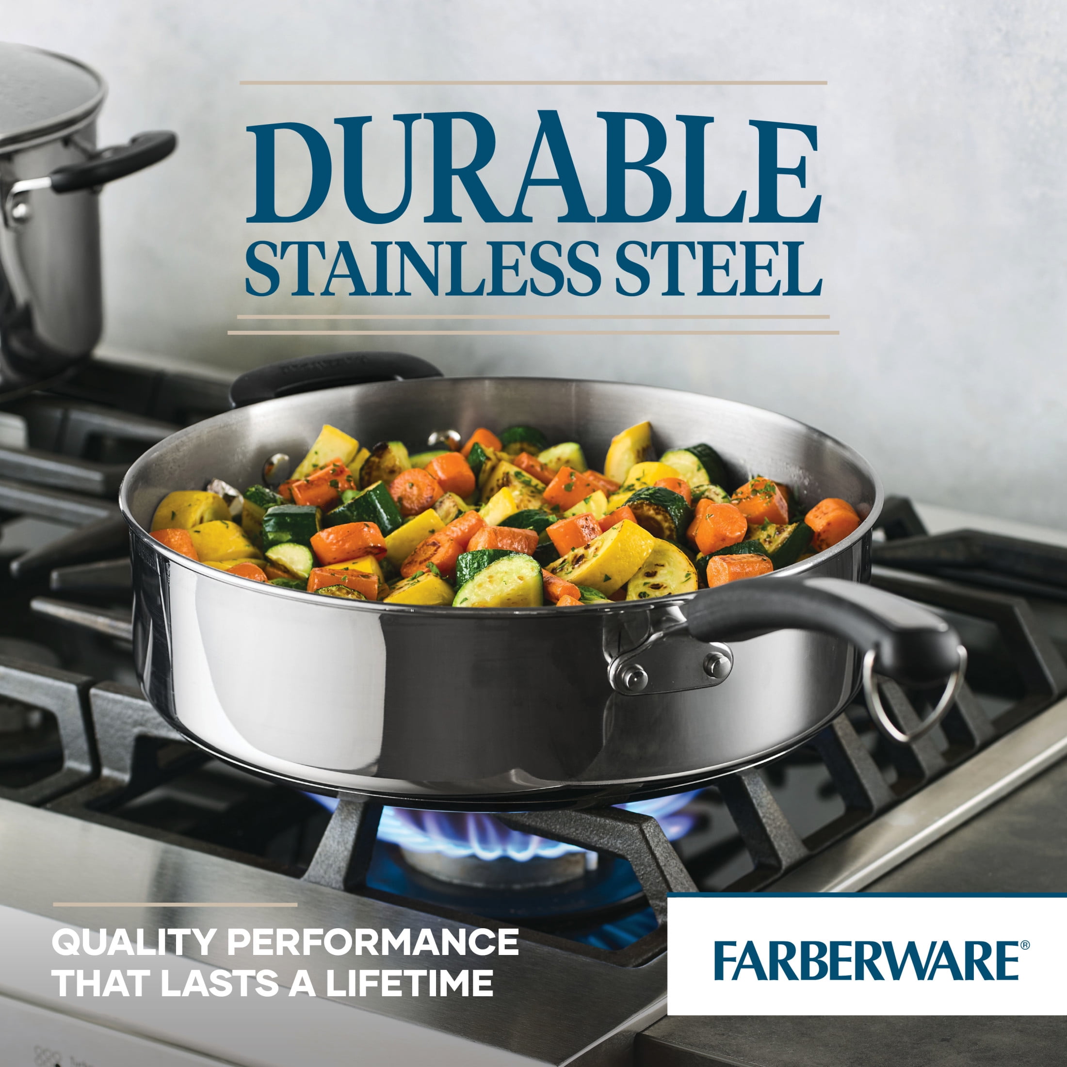 Farberware Brilliance 6 Quart Saute Pan with Lid and Helper Handle, Induction Compatible, Metal Utensil and Dishwasher Safe, Stainless Steel