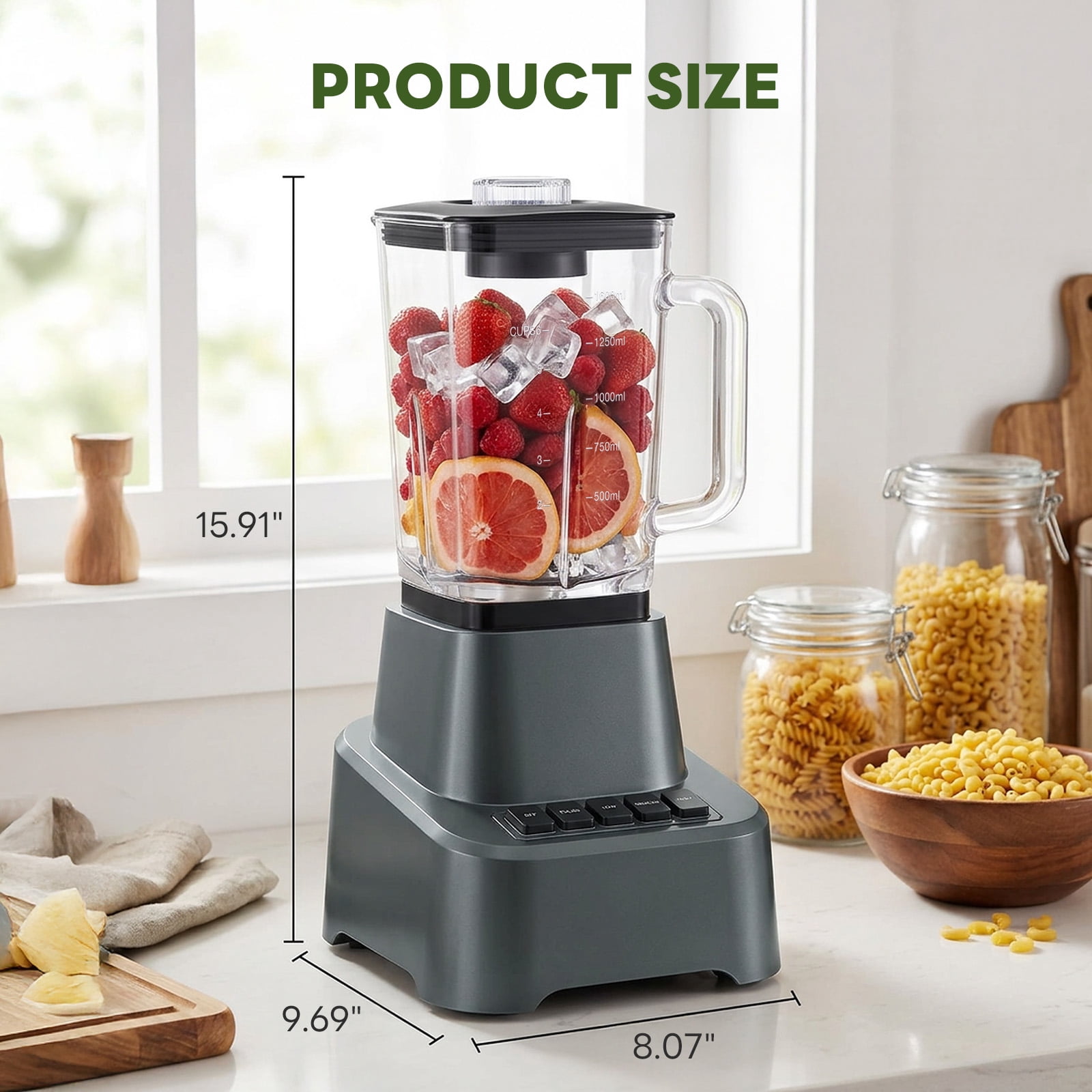 CONCETTA Professional Smoothie & Food Processing Blender, 1100W Motor, 3 Preset Functions for Frozen Drinks, Smoothies & Sauces, Large Pitcher with To-Go Cups，Gray