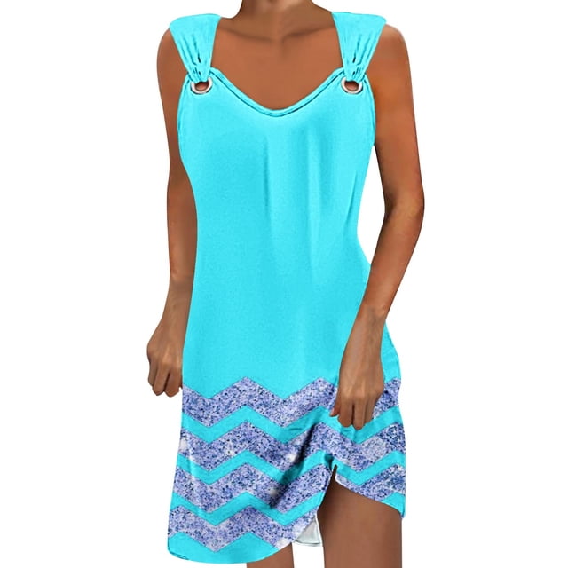 Annhoo Robe d'Été Tendance pour Femmes, Imprimée, Col en V, Sans Manches, Mini, Décontractée, Plage, Vacances, Robe Courte