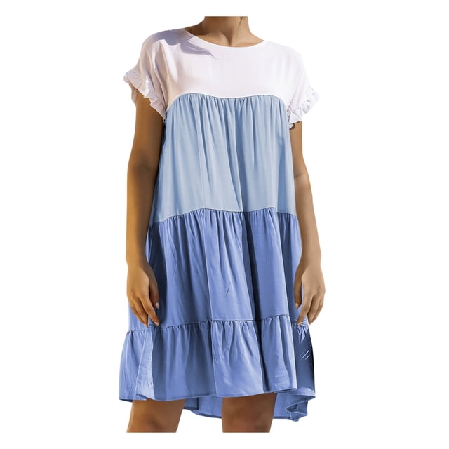 Pompotops Femmes Col Rond Manches Courtes Couleur Assortie Robe en Vrac