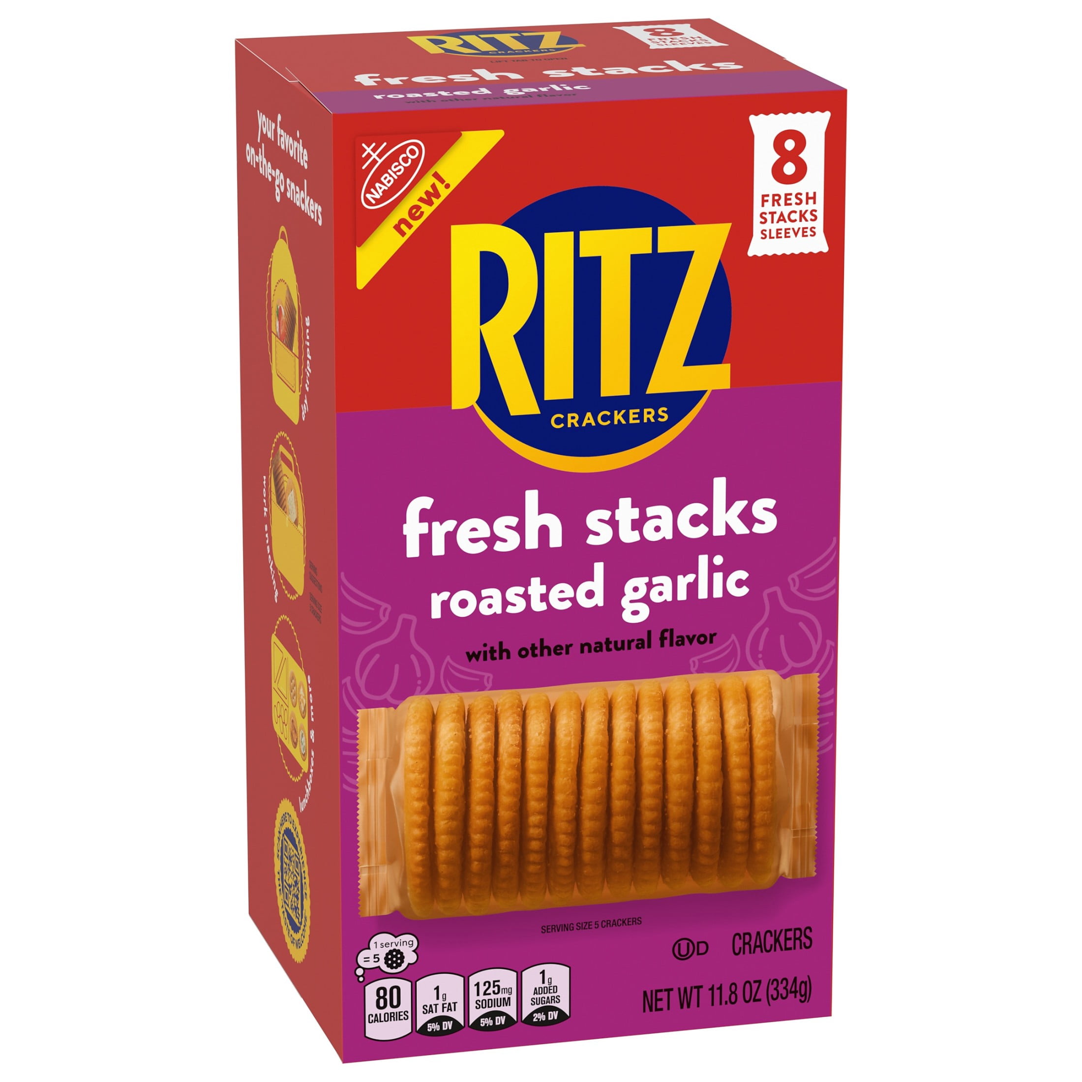 RITZ Fresh Stacks Roasted Garlic Crackers, Travel Snacks, 11.8 oz (8 Multi Snack Packs)