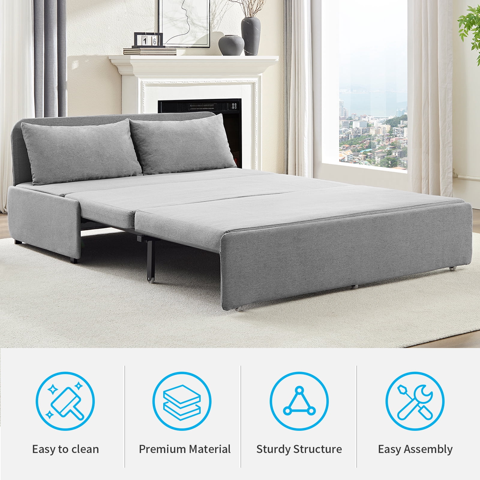 BALUS 62" Linen Queen Size Pull Out Sofa Bed Include 2 Pillows,Convertible Loveseat Sleeper Sofa with Foldable Mattress,Light Gray