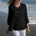 thumbnail image 4 of Women's Plus Size 3/4 Sleeve Top, Cotton Linen Blend Lace Trim Blouse, Loose Fit Casual T-Shirt for Work, Daily Wear, Vacation and Relaxed Outfits Black L, 4 of 5