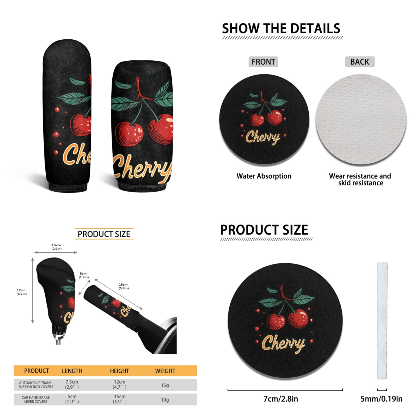 Yuyamidu Cherry Car Seat Cover with Carpet Mats Cute Steering Wheel Cover Seat Belt Strap Pad Handbrake Gear Shift Knob Cover Coasters 15 PCS