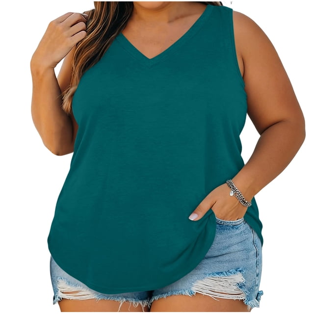 StSilkitty Plus Size Tank Tops for Womens Solid Color Loose V Neck Blouses Summer Beach Lightweight Soft Shirts