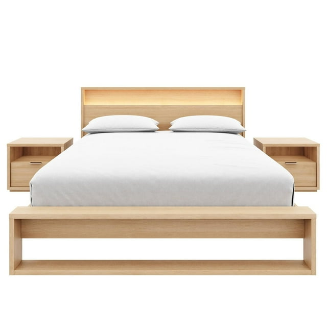 Gael 4 Piece Queen Size Bedroom Set with slatted bedframe, headboard featuring integrated dimmable light and shelf, and two nightstands with one drawer and open storage in textured melamine oak finish, ideal for modern bedroom organization.