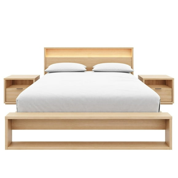 Gael 4 Piece Queen Size Bedroom Set with Slatted Bedframe, Headboard with Integrated Light, 2 Nightstands