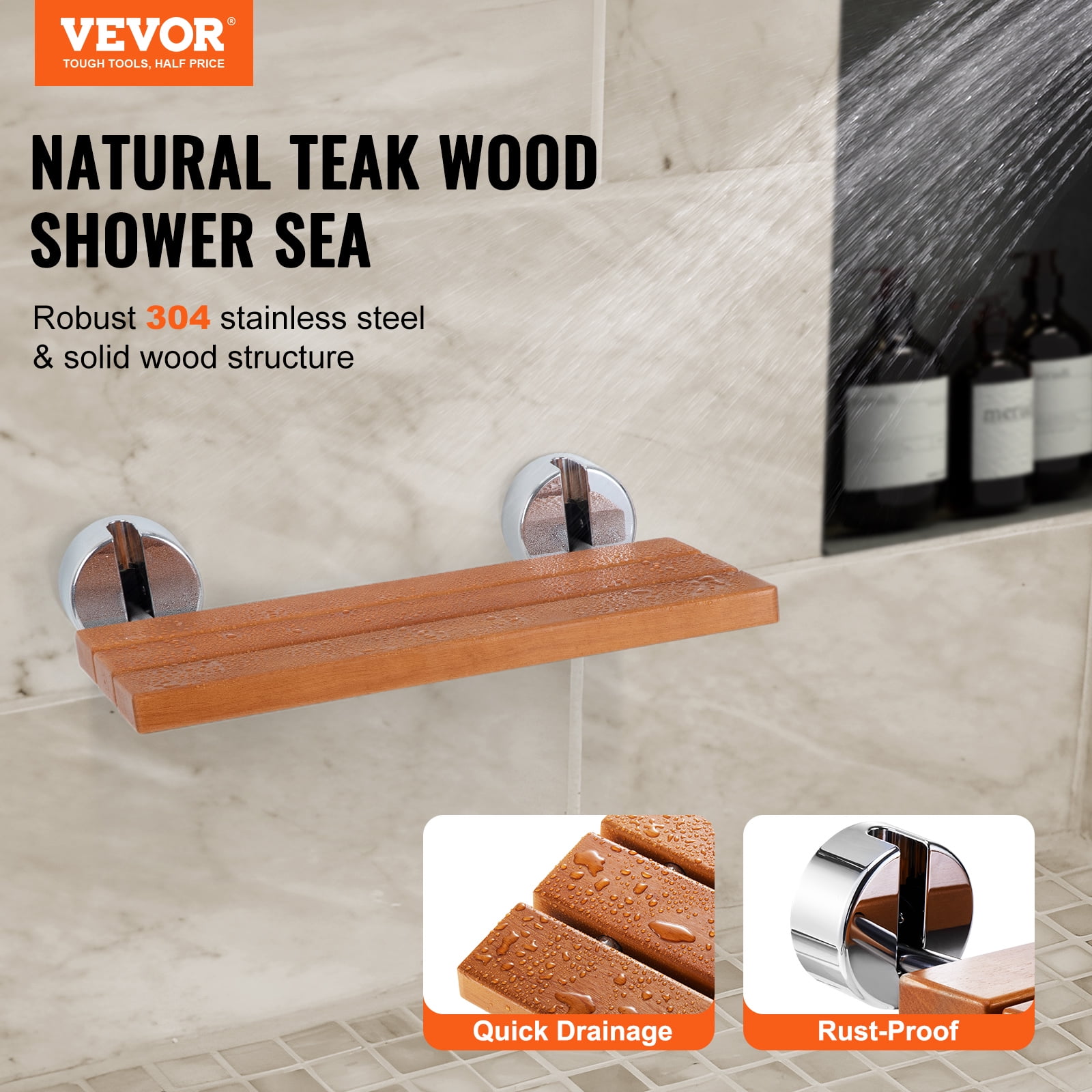 VEVOR Folding Teak Shower Seat, 20.1" x 13.2" Unfolded, Wall Mounted Fold Up Shower Bench with 440 lbs Load Capacity, Space Saving Home Care Fold Down Shower Chair, for Seniors Pregnant Women