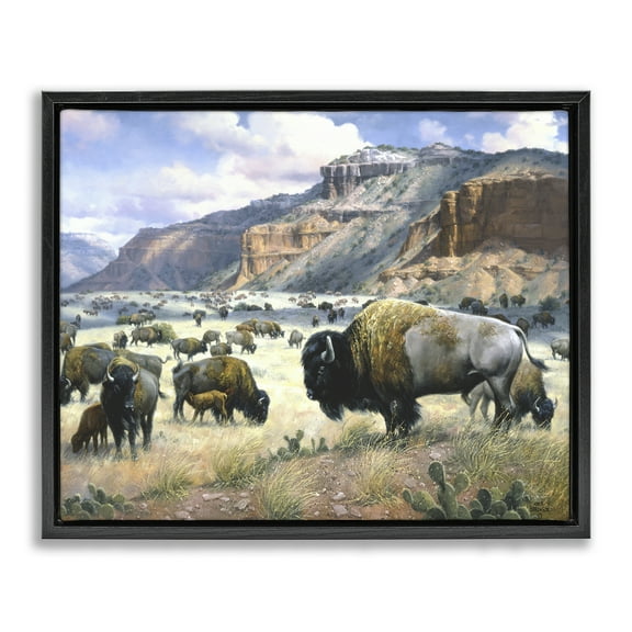 Stupell Industries Grazing Bison & Buffalo Landscape & Nature Painting Black Floater Framed Canvas Art Print Wall Art, 21 x 17