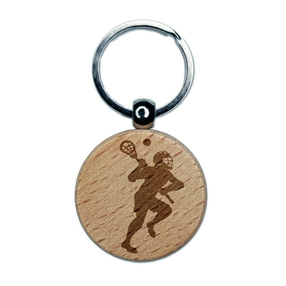 Lacrosse Player with Stick and Ball Round Keychain Charm Tag - Engraved Wood