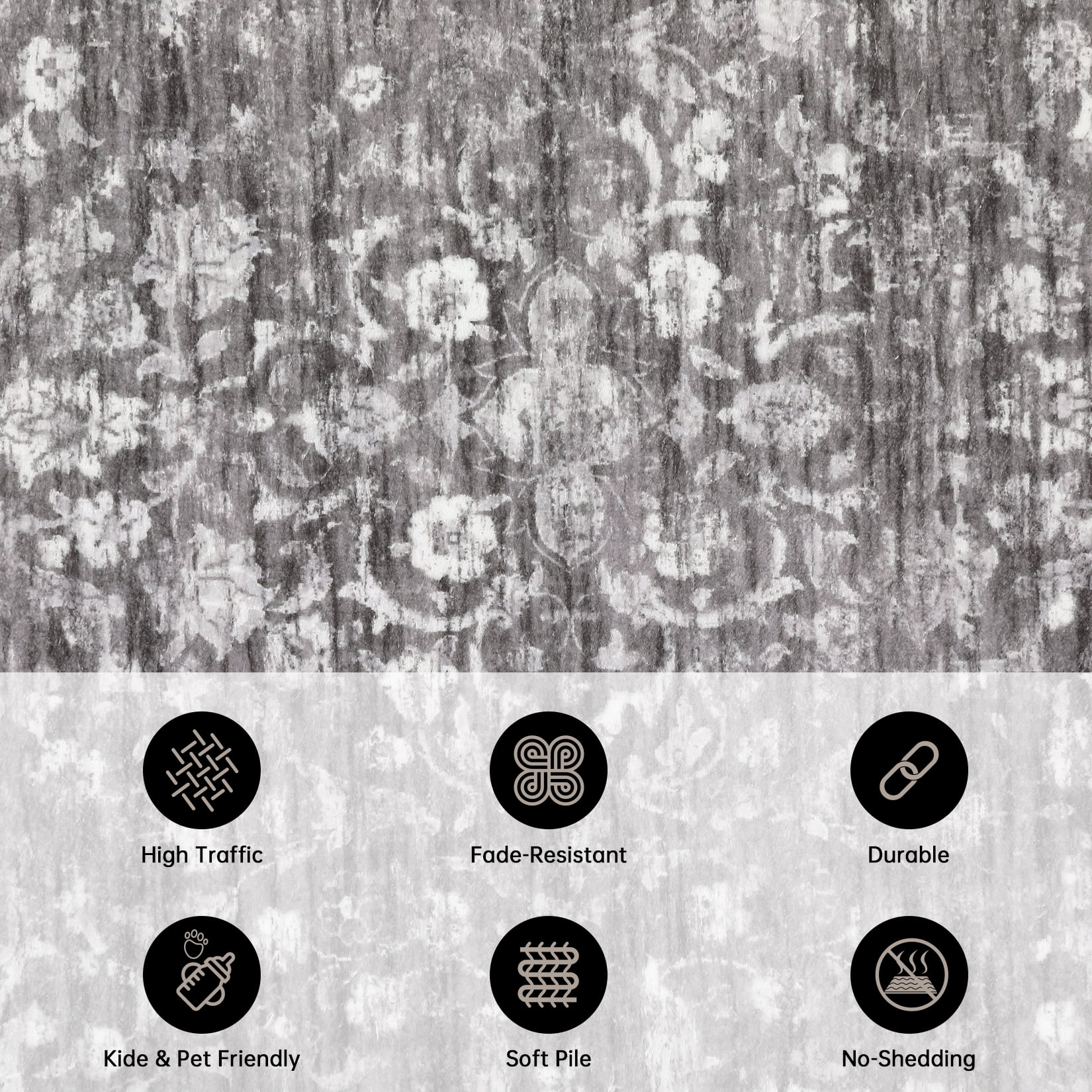 Hasoo 10' x 13' Area Rug for Living Room Boho Vintage Rug Non Slip Throw Rugs Floral Bedroom Rug, Gray