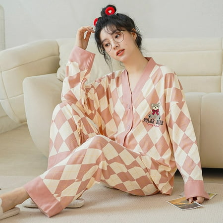 

QWZNDZGR Spring Autumn Polyester Cartoon Print Pajama Sets Women Pyjamas Polka Dots Sleepwear Pijama Mujer Homewear Clothing Nightwear