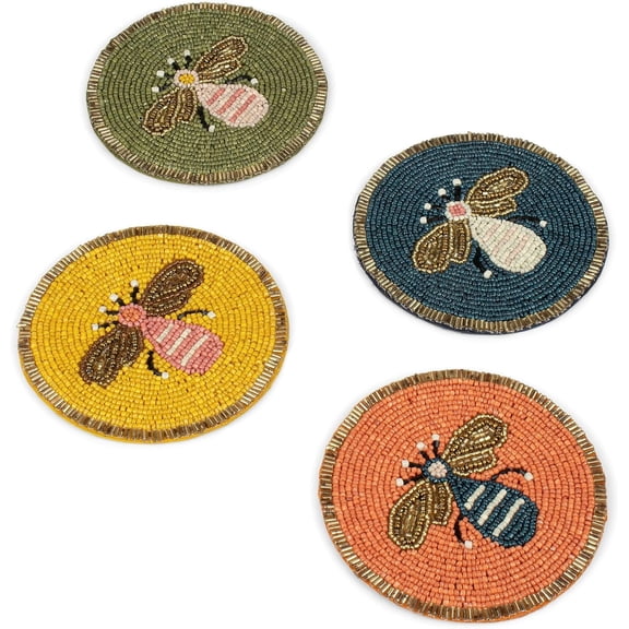 Beaded Coaster Set of 4 – Multicolor Glass-Bead Drink Coasters, Boho Table Decor for Dining & Gifting