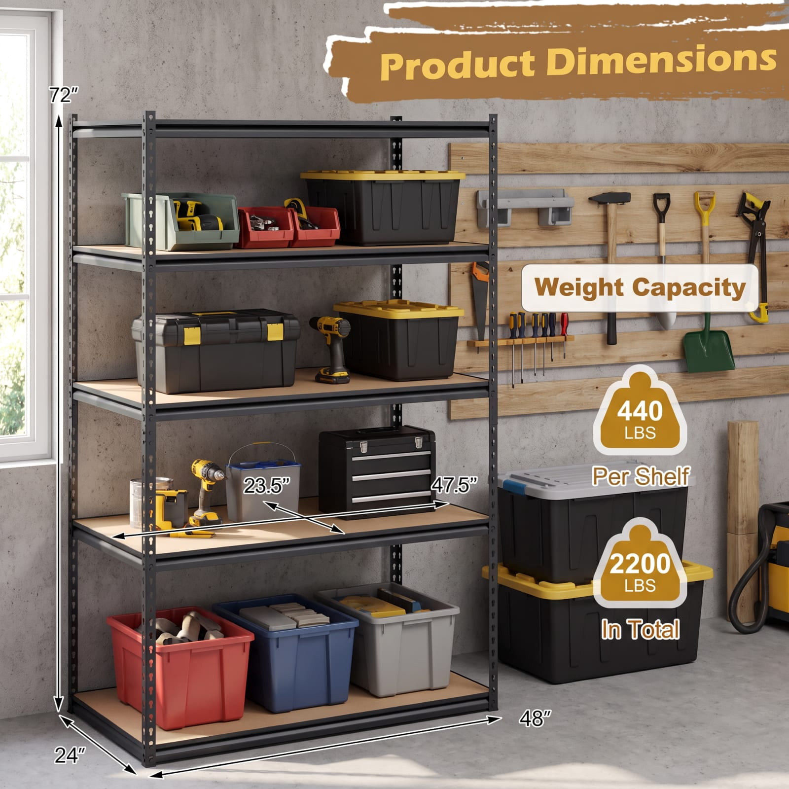 Biotree 5-Tier Metal Shelving Unit 2200 lbs Capacity with Adjustable Shelves 30" × 12" × 60" for Garage Warehouse Basement, Black