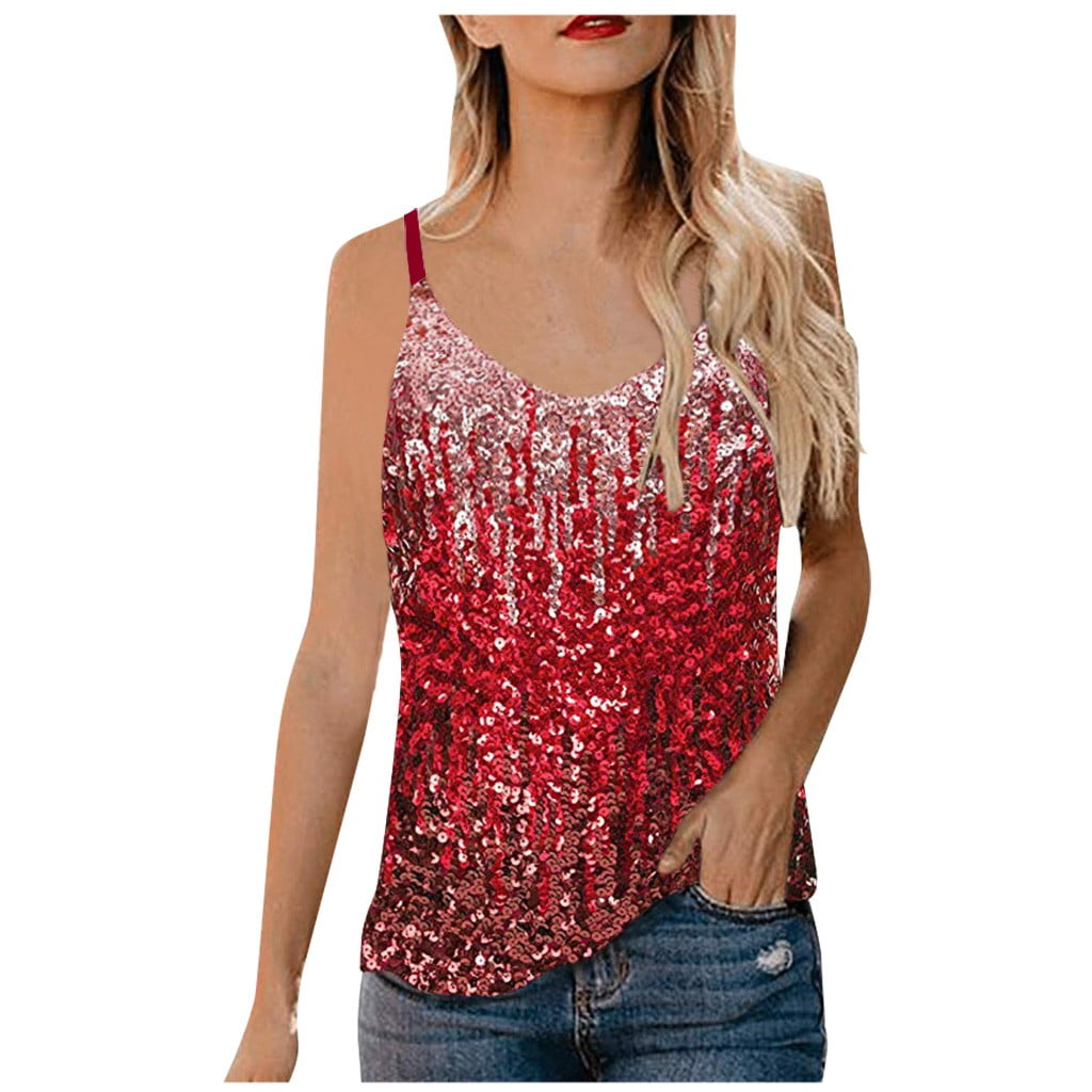 Ausyst Womens Tops Women’s Sequin Tops Glitter Party Strappy Tank Vest ...