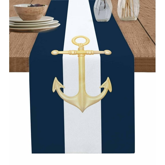 Navy Blue Nautical Table Runner Gold Boat Anchor Geometric Stripe Tablerunners 18 x 72 Inch, Table Decorations Tabletop Scarf for Summer Gathering Holiday Farmhouse Kitchen Dining Decor