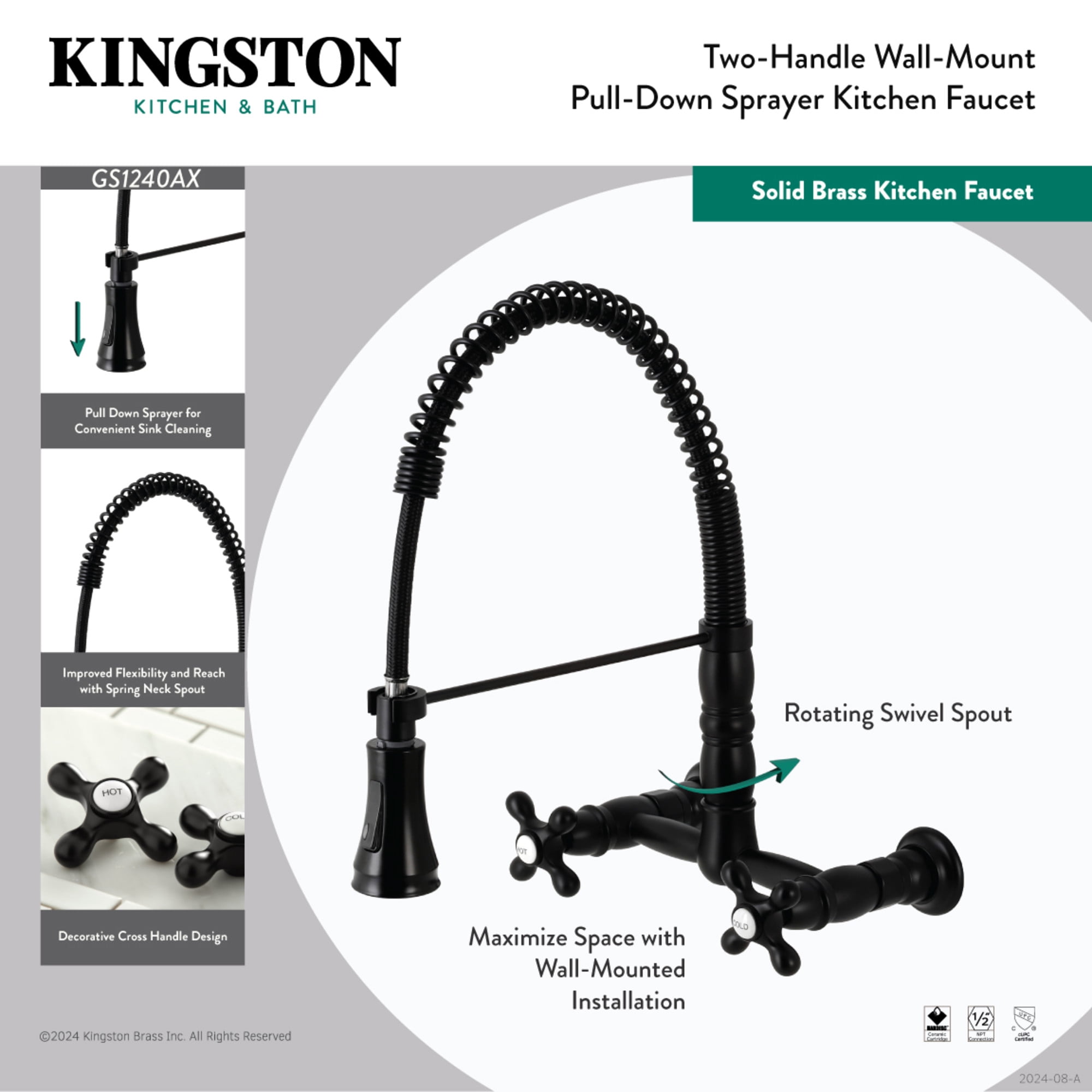 Gourmetier GS1241AX Heritage Double-Handle Wall-Mount Pre-Rinse Bridge Kitchen Faucet, Polished Chrome