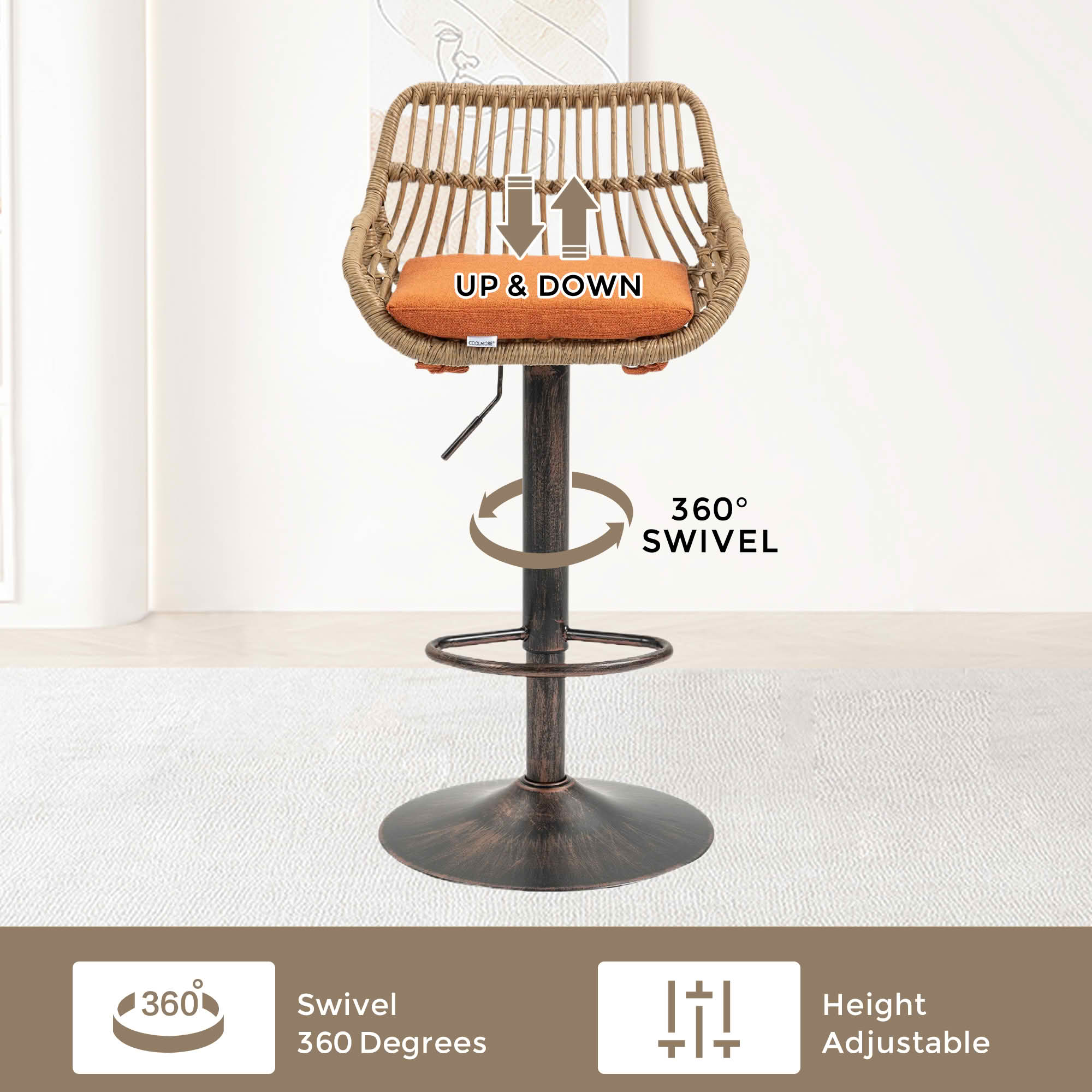 MAYEERTY Swivel Bar Stools Set of 2, Adjustable Height Chairs with Footrest, Linen and PE Rattan Back, Orange