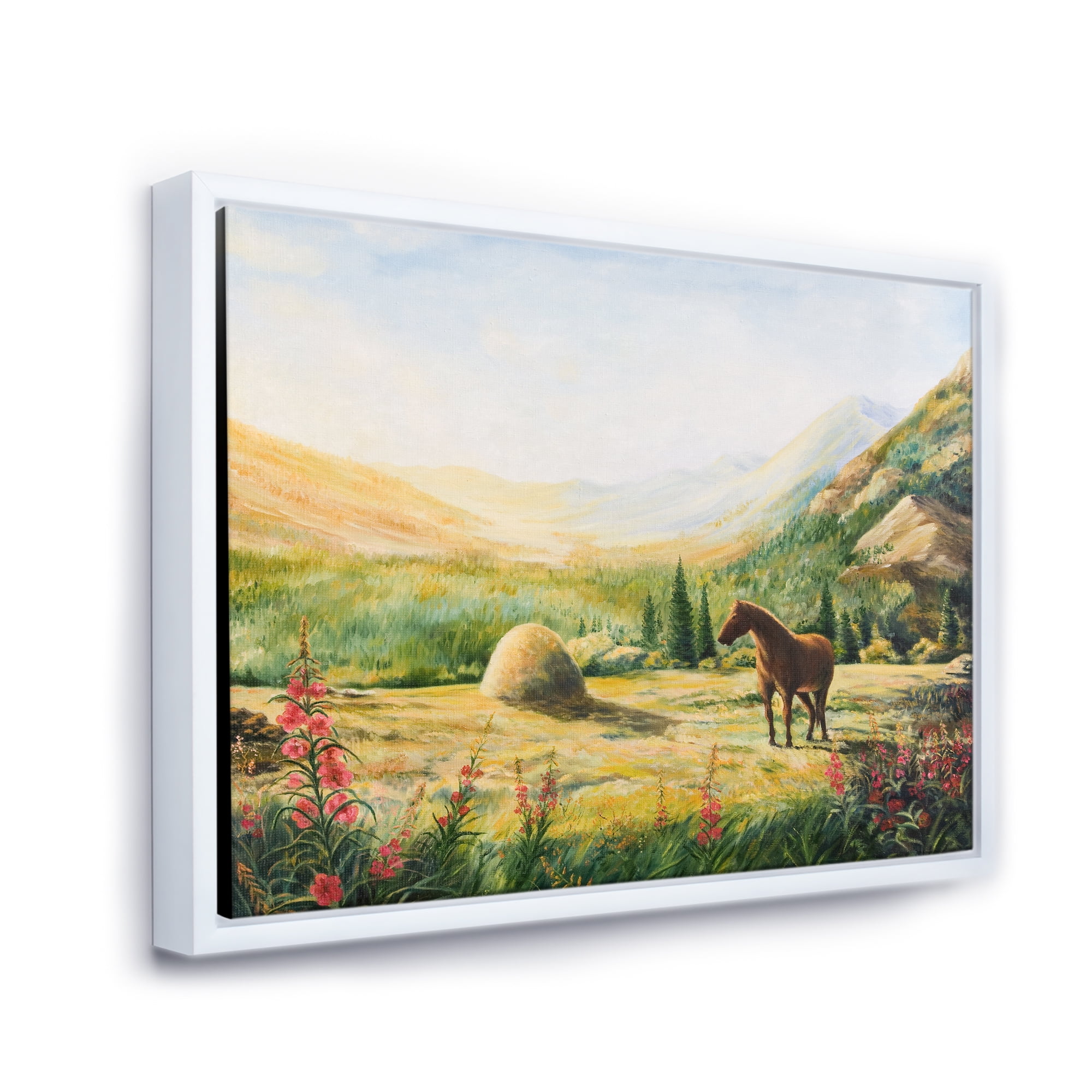 Designart 'Sunrise In The Mountains With Horse' Farmhouse Framed Canvas Wall Art Print