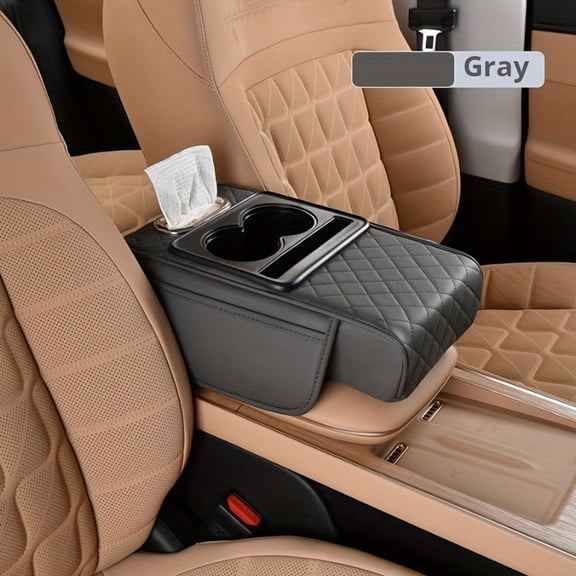 Gray Tissue Style Car Center Console Pad with 2 Side Pockets and 2 Cup Holders, PU Leather Universal Car Armrest Protector Cover, Multifunctional Storage Organizer for Phone, Water Bottle and Cards,
