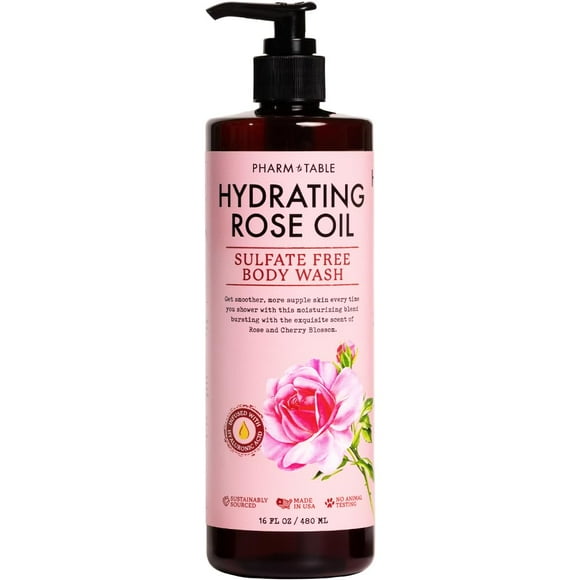 PHARM TO TABLE Jabón Corporal Hidratante con Aceite de Rosa para Mujeres y Hombres - Hidrata e Ilumina la Piel Sin Sulfatos Libre de Crueldad 480ml