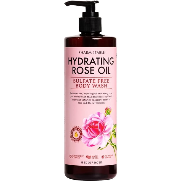 PHARM TO TABLE Jabón Corporal Hidratante con Aceite de Rosa para Mujeres y Hombres - Hidrata e Ilumina la Piel Sin Sulfatos Libre de Crueldad 480ml