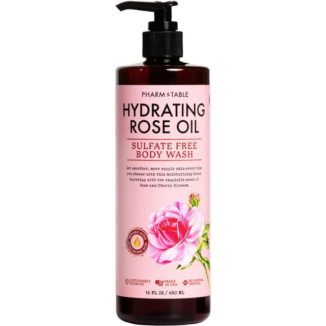 PHARM TO TABLE Jabón Corporal Hidratante con Aceite de Rosa para Mujeres y Hombres - Hidrata e Ilumina la Piel Sin Sulfatos Libre de Crueldad 480ml
