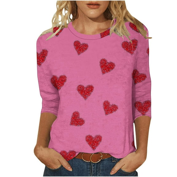asdoklhq Women's Heart Print Valentine's Day Tees Women's Heartfelt Print Loose Casual Round Neck Three-Quarter Sleeve T-Shirt Pullover Hot Pink 5X