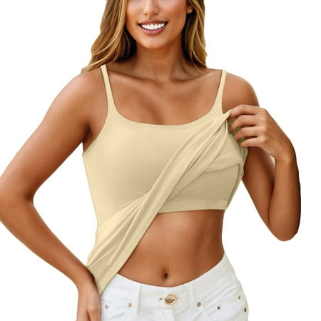 Knosfe Women s Built-in Bra Tank Tops Adjustable Strap Wire-Free Camisole Padded Workout Yoga Daily Shelf Bra Undershirts Khaki 4X-Large