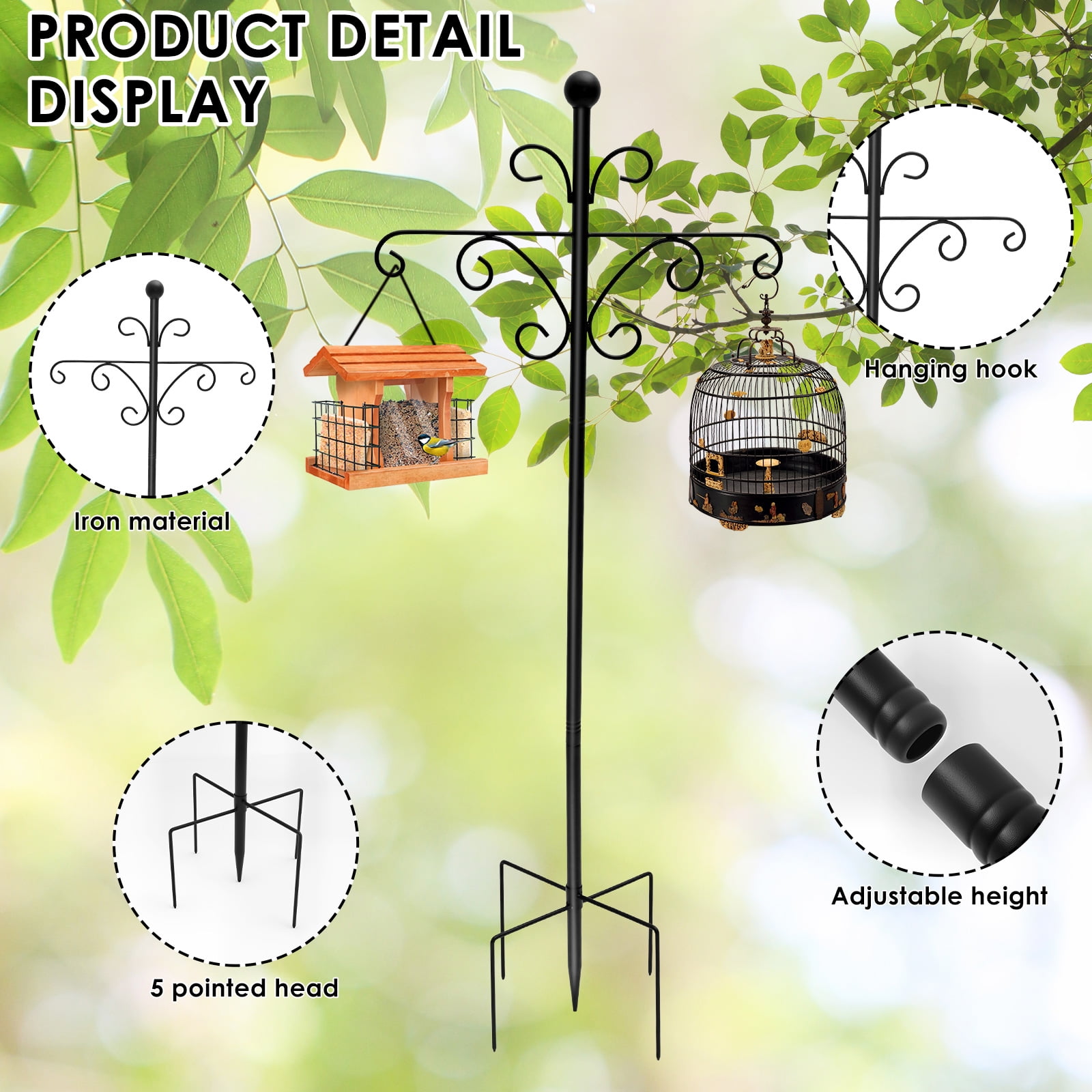 Sutowe Double Shepherd Hooks 76inch Metal Shepherd Crook Hook Rust Resistant Bird Feeder Pole with 5 Prongs Base for Bird Feeder Lanterns Plant Baskets