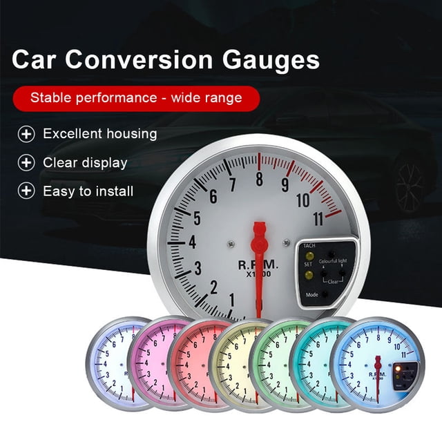 12V Car Tachometer Motorcycle Scooter Colorful Backlight Rotation Speed Meter Gauge Automotive Automobile Modification Accessory Black