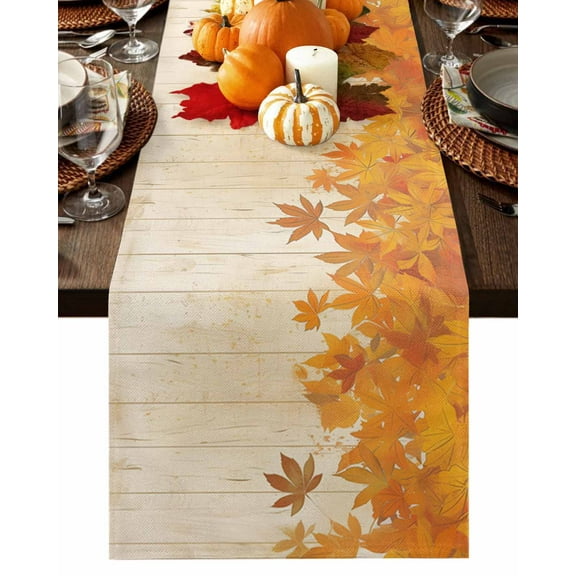 Fall Maple Leaves Table Runner-Cotton Linen- 72 Inch Holiday Dresser Scarves, Autumn Farmhouse Orange Wooden Grain Tablerunner for Kitchen Coffee/Dining Bedroom Living Room Dinner Scarf Décor 18x72