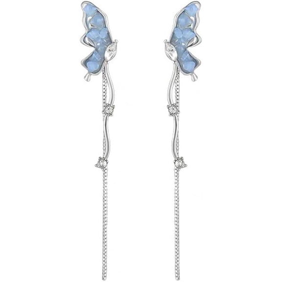 Crystal Butterfly Stud Earrings - Long Tassel Chain Dangle Earrings - Fairy Earrings - Dainty Jewelry Gifts