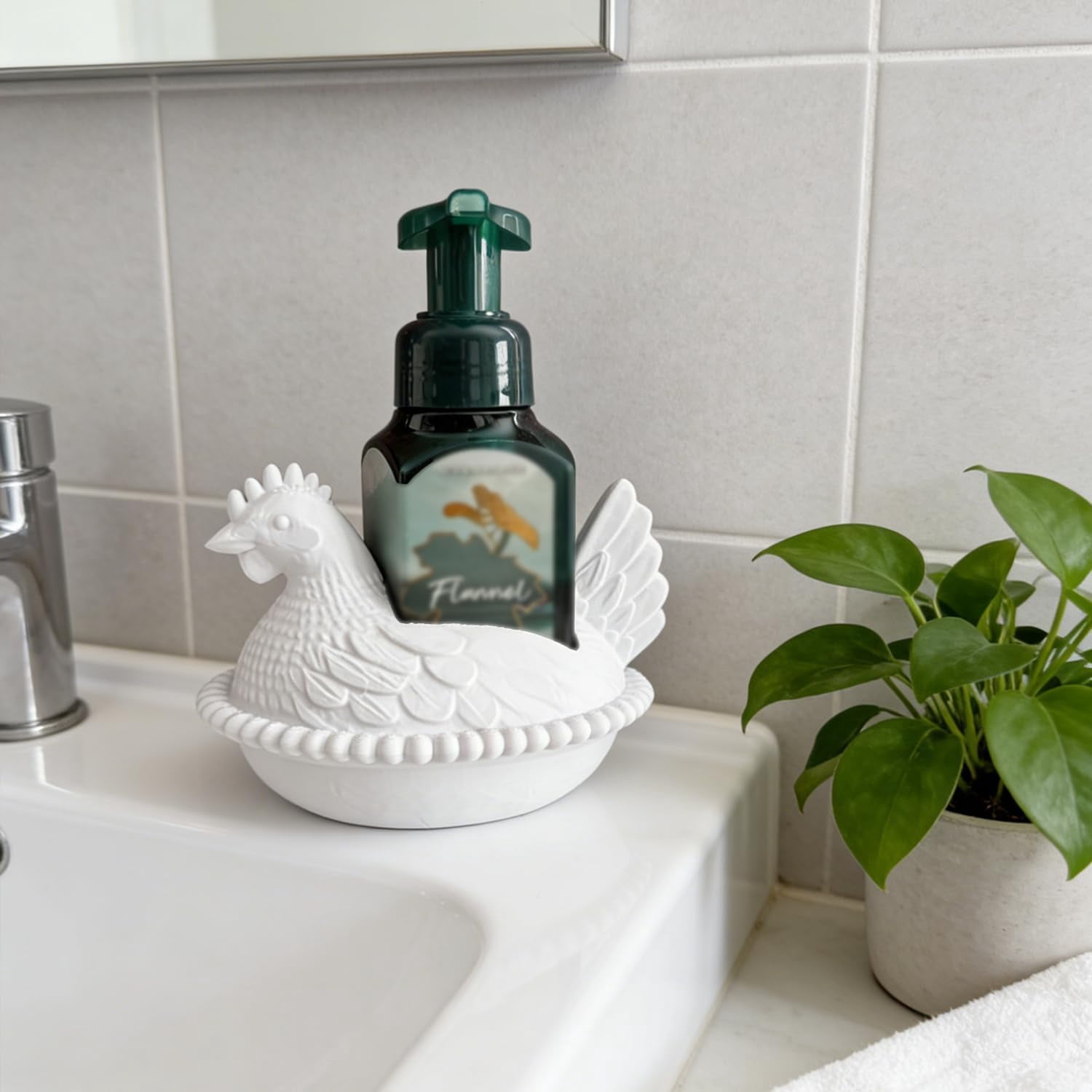 Hen on Nest Soap Holder for Bath & Body Works Foaming Hand Soap, Farmhouse Chicken Soap Dispenser Stand, Bathroom Soap Holder, 3D Decorative Countertop Tray for Kitchen & Bathroom Sink