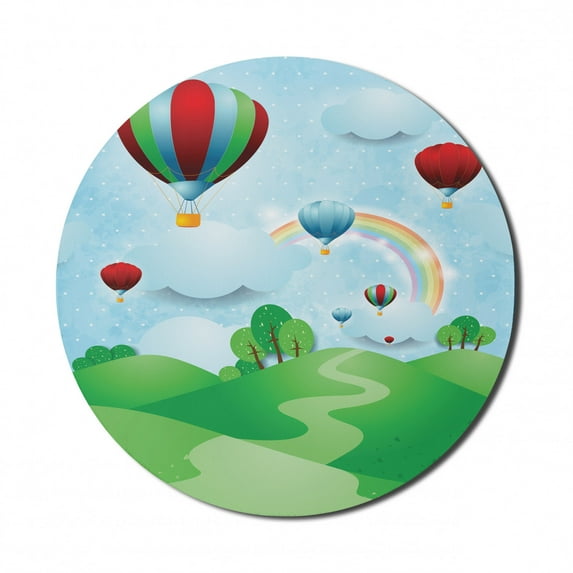 Rainbow Mouse Pad for Computers, 3D Illustraton of Rising Hot Air Balloons Among Mountains on Circular Rainbow Halo, Round Non-Slip Thick Rubber Modern Mousepad, 8" Round, Multicolor, by Ambesonne