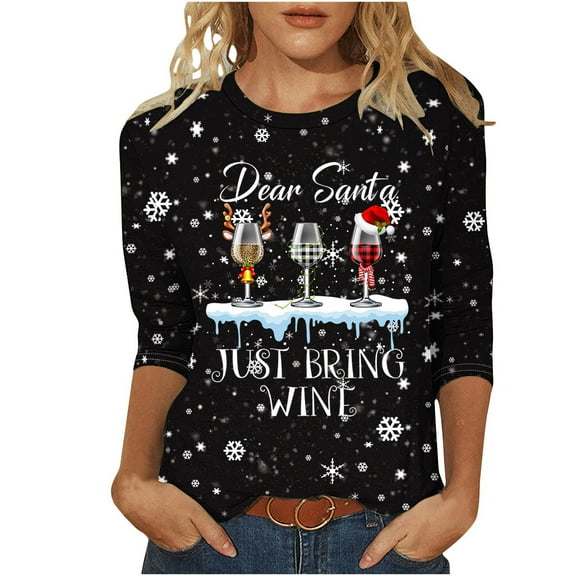 Tshirts for Women Merry Christmas Shirt for Women Crewneck Funny Wine Glass Graphic Sweatshirt Xmas Holiday 3/4 Sleeve Pullover Tee Long Sleeve Workout Tops S-23 Black 3XL