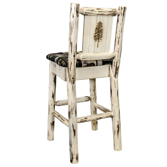 Montana Collection Barstool w/ Back - Woodland Upholstery, w/ Laser Engraved Pine Tree Design, Clear Lacquer Finish