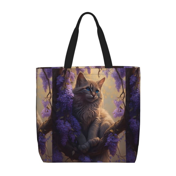Hirioo Purple Flower Lazy Cat for Tote Bag for Women, Quilted Shoulder Bag with Zipper, Large Capacity Handbags for Casual, Travel, Work
