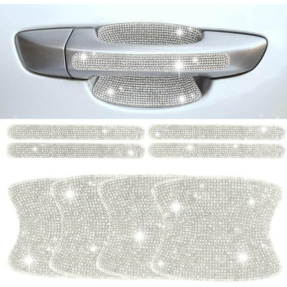 8Pcs Bling Car Door Handle Protector Stickers Universal Crystal Rhinestone Glitter Car Door Handles Scratch Protectors Decals for Vehicles Decoration Women Car Accessories (Silver)