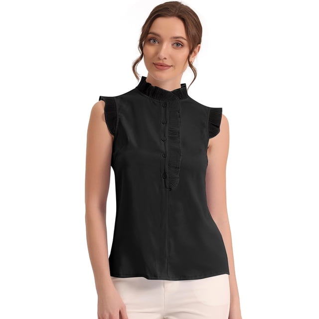 Camisa sin mangas para mujer Blusa de verano con volantes de color sólido con botones Negro S